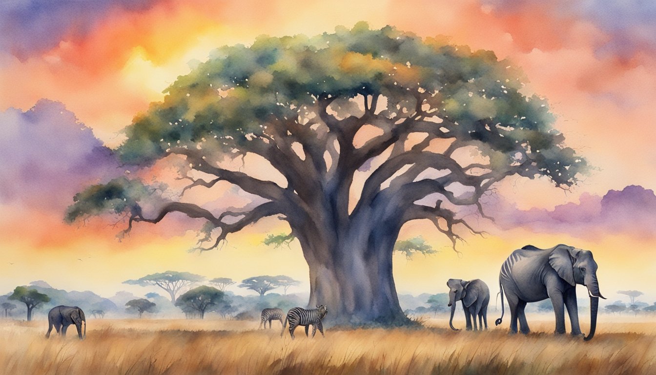 Lush savannah with grazing zebras, giraffes, and elephants under a vibrant sunset sky in Tanzania.</p><p>A majestic baobab tree stands tall in the distance