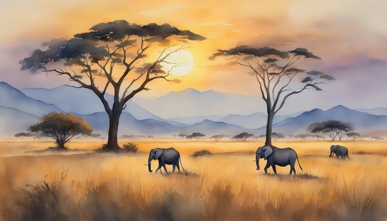 Vast savannah with grazing wildlife, towering acacia trees, and distant mountains under a golden sunset sky