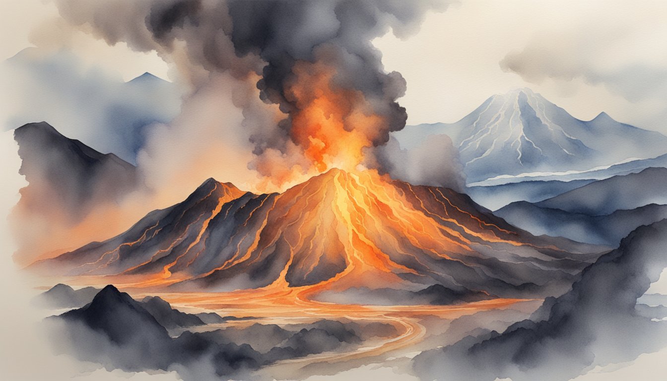 Molten lava spewing from Earth's volcanoes, creating fiery rivers and ash clouds, impacting the landscape and atmosphere