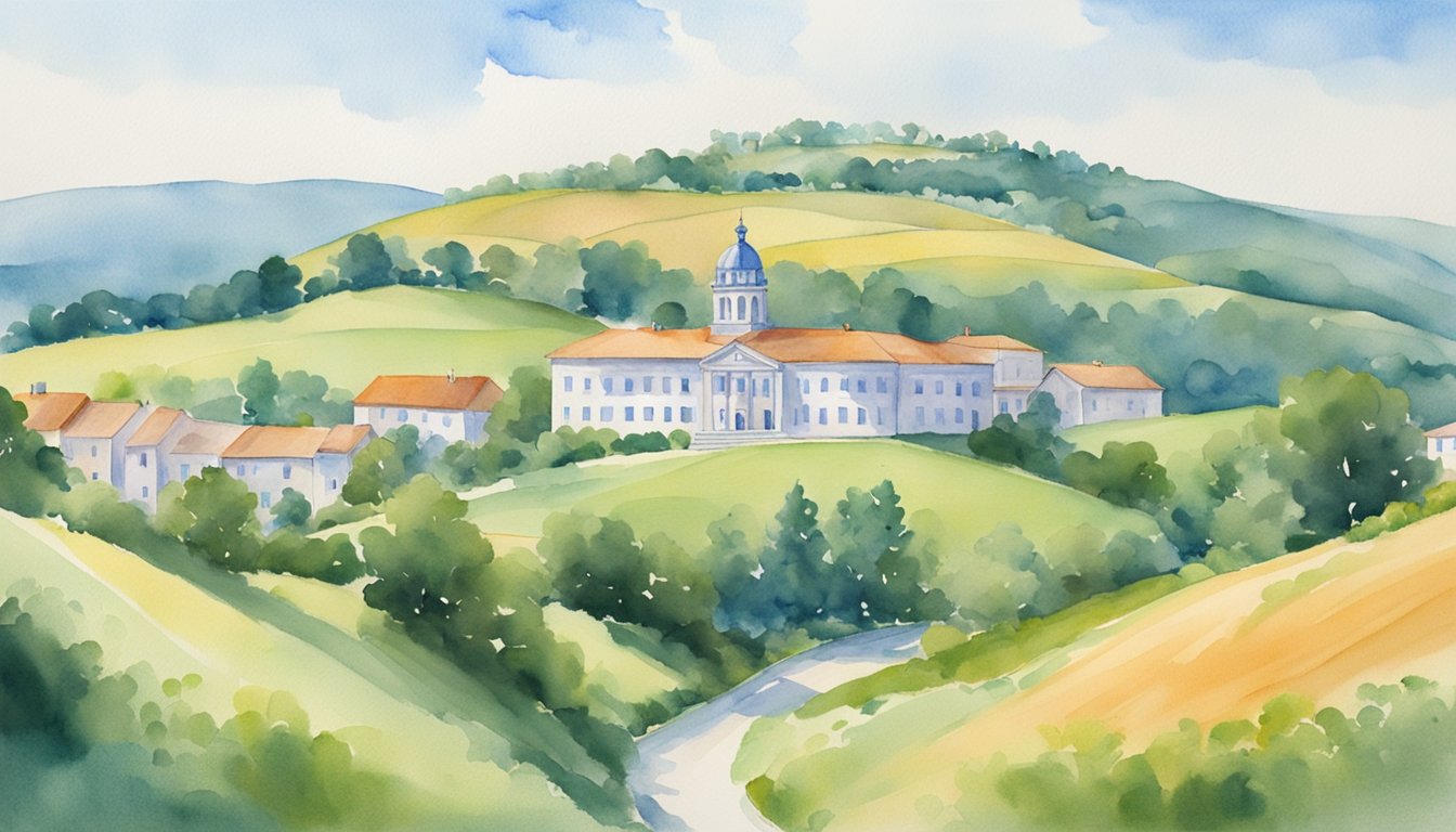 A peaceful landscape with rolling hills, a clear blue sky, and a small town nestled among the greenery, with a government building in the center