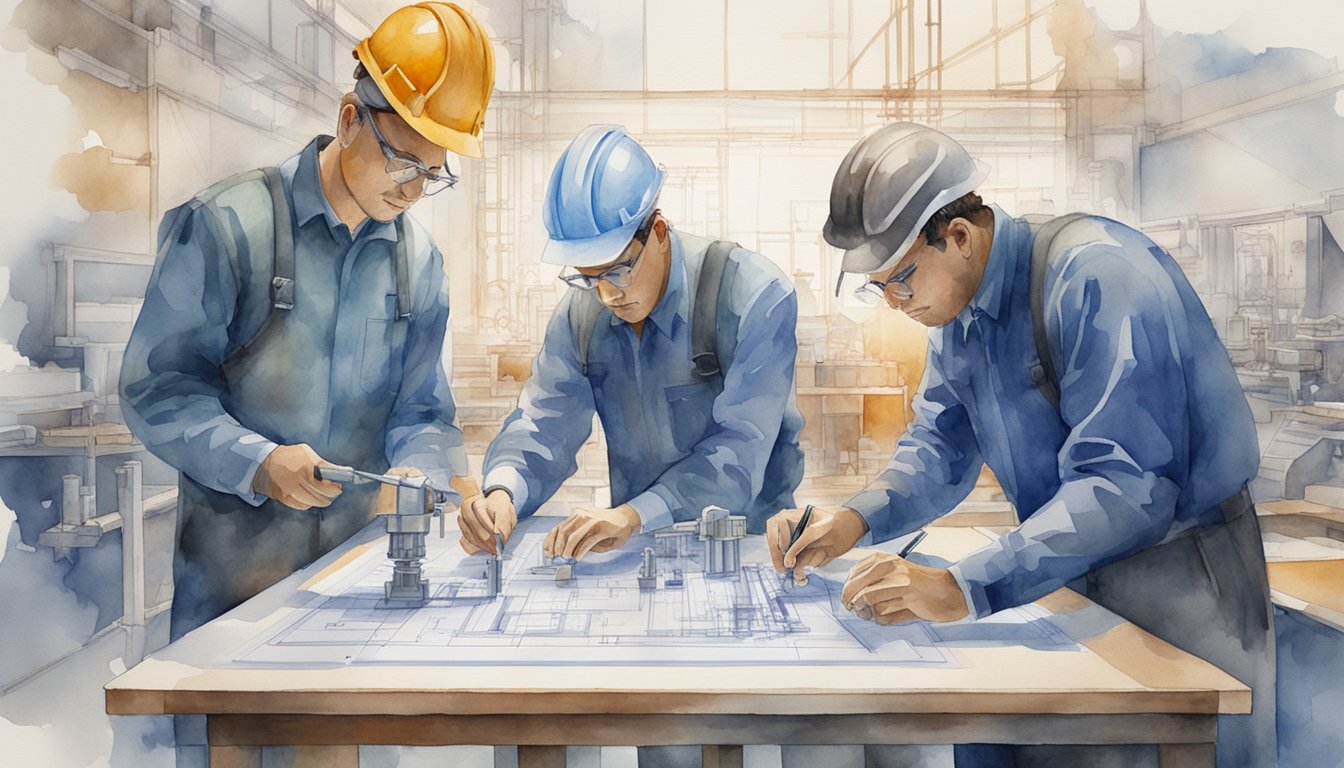 A group of engineers collaborating on a blueprint, surrounded by technical equipment and tools