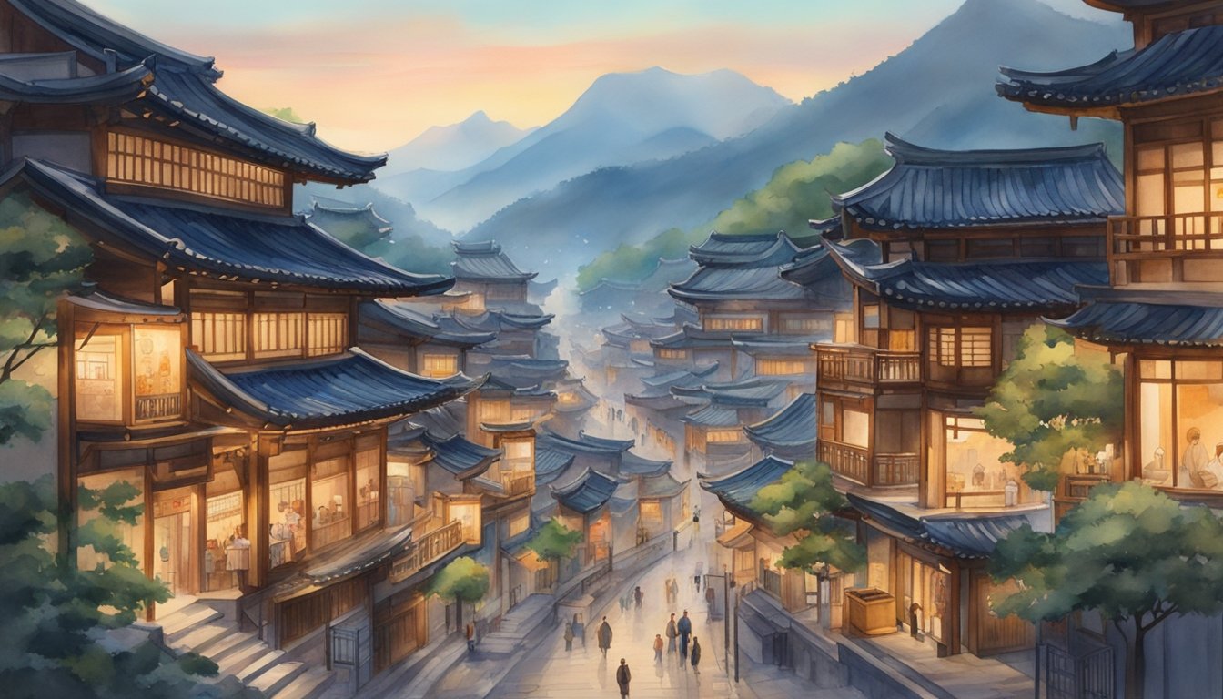 A bustling cityscape with skyscrapers, bustling streets, and neon signs.</p><p>Traditional hanok houses blend with modern architecture.</p><p>Mountains and rivers provide a natural backdrop