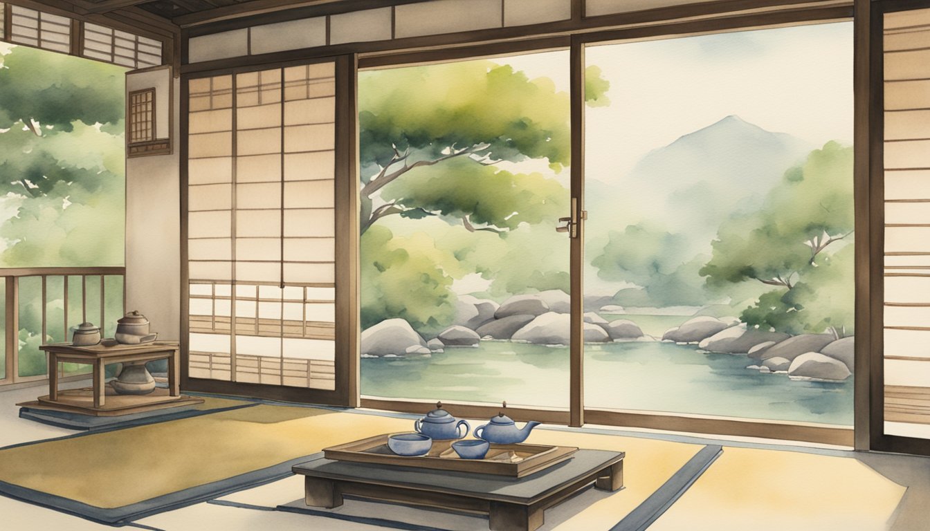 A traditional Japanese tea ceremony with tatami mats, sliding doors, and a serene garden view