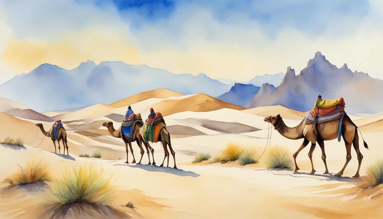 A camel caravan winds through the desert, passing towering sand dunes and rugged mountains.</p><p>The vibrant colors of the landscape contrast with the clear blue sky