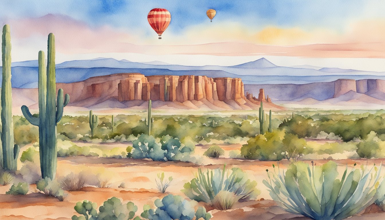 A desert landscape with red rock formations, adobe buildings, and a pueblo village nestled among mesas and canyons.</p><p>A saguaro cactus stands tall against the blue sky, while a hot air balloon floats in the distance