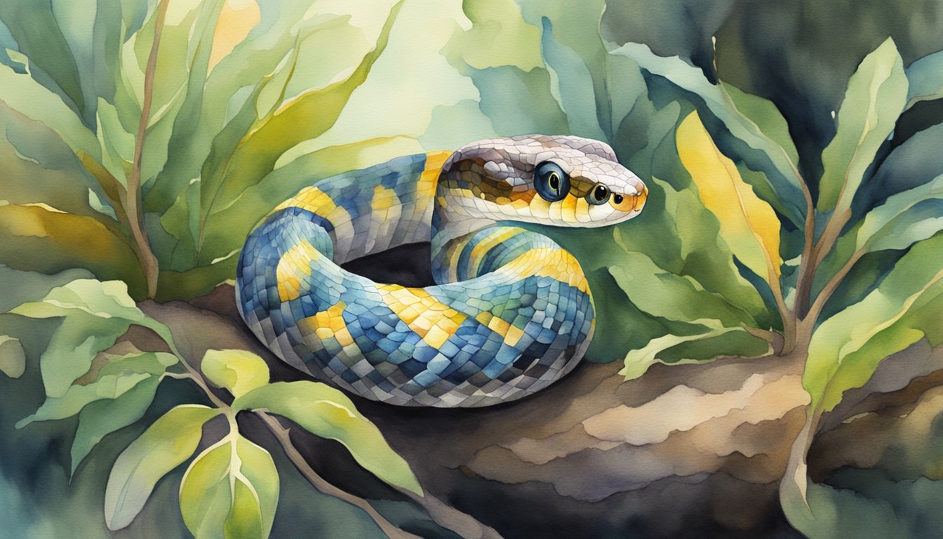 A colorful snake slithers through a cozy terrarium, basking under a warm light.</p><p>It curls around a branch, its bright eyes gazing curiously at the viewer