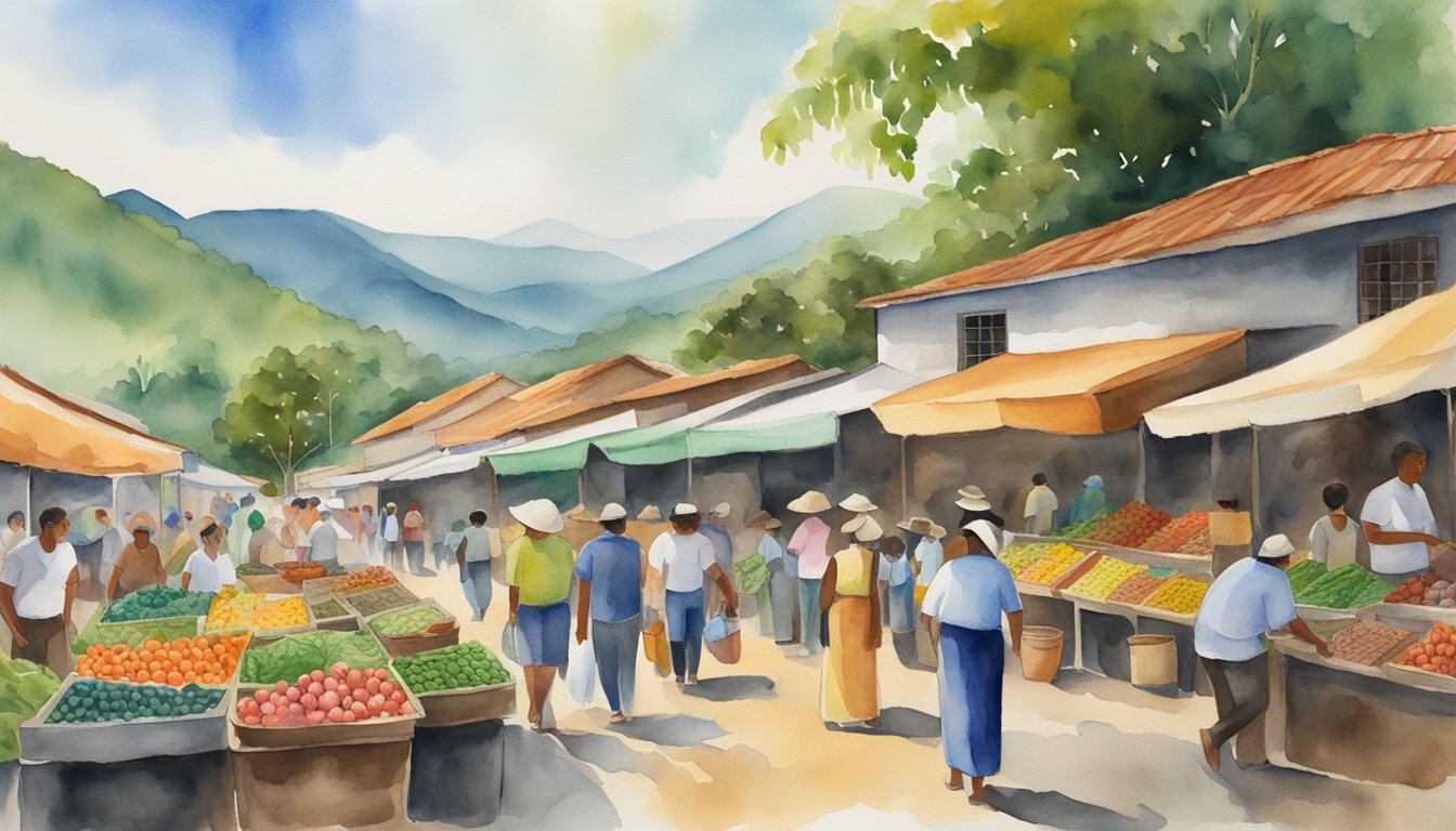 A bustling market with colorful murals depicting El Salvador's history and political figures.</p><p>The backdrop includes lush green mountains and traditional architecture