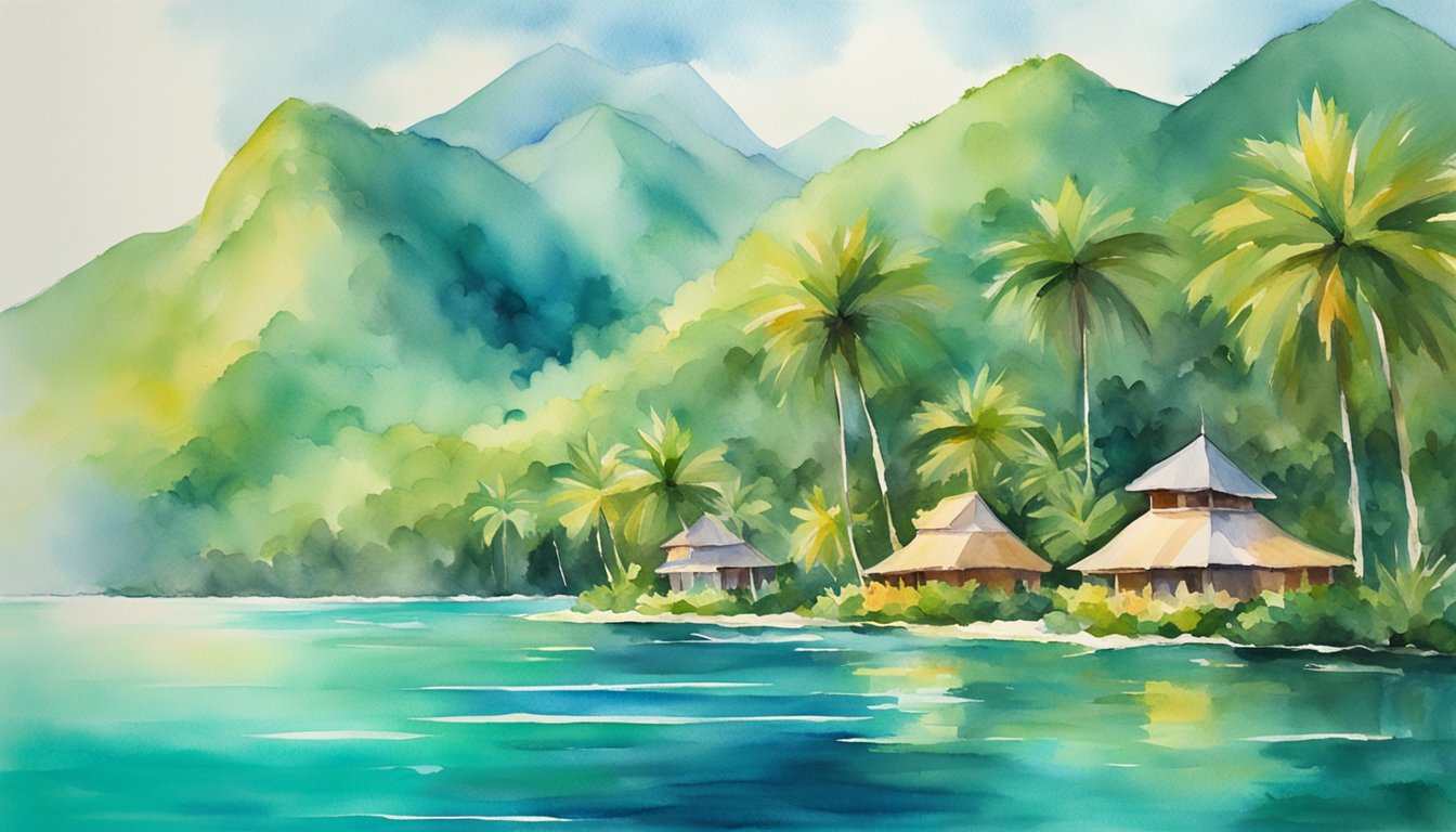 Lush green mountains rise from the turquoise waters, palm trees sway in the gentle breeze, and colorful flowers bloom in the warm sunshine