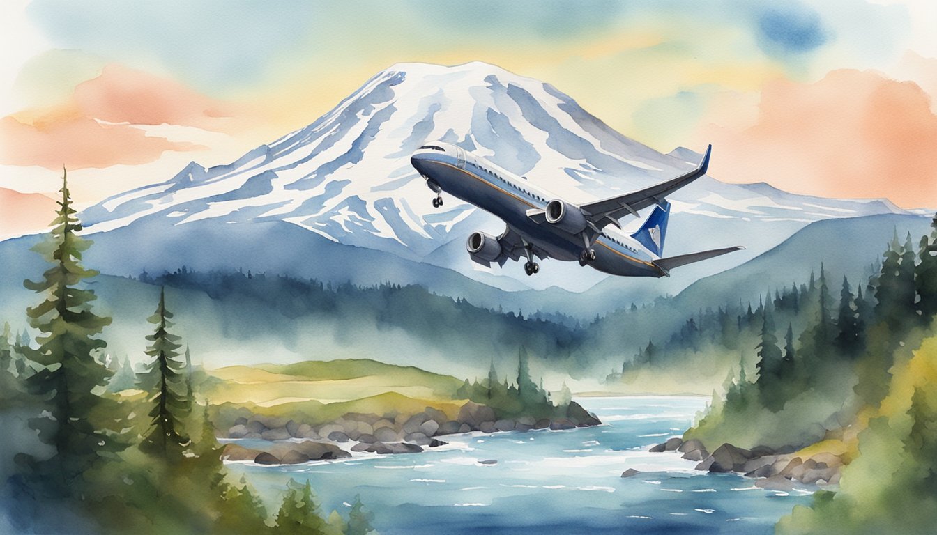 The illustration should include a panoramic view of Mount Rainier, a salmon jumping in a river, and a Boeing airplane flying overhead