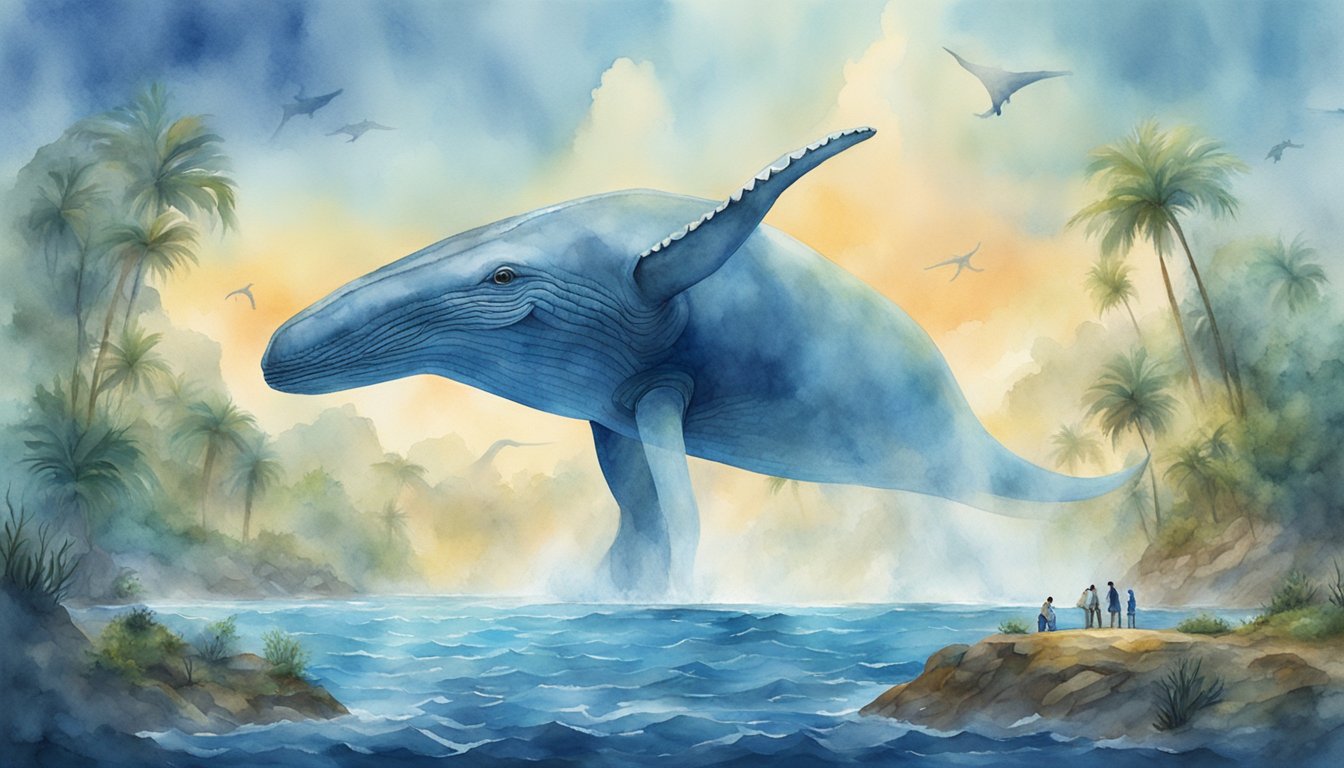 Enormous blue whale swimming alongside a colossal prehistoric dinosaur, creating a mesmerizing image of the largest animals in history