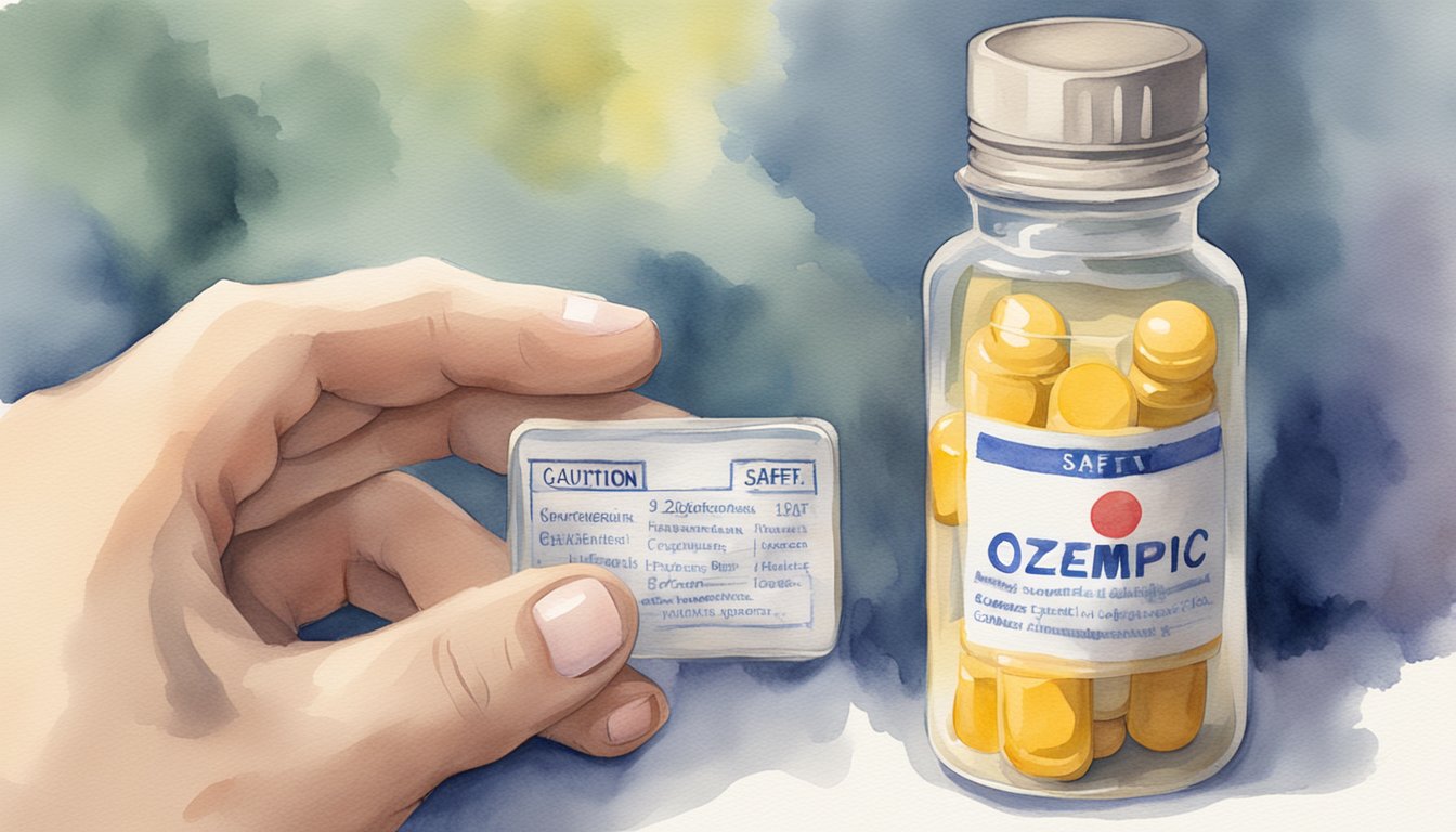 A hand holding a pill bottle labeled "Ozempic" with a caution sign and a list of safety considerations next to it