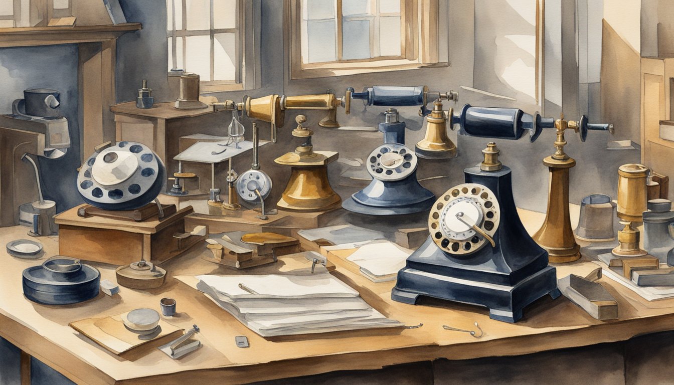 Alexander Graham Bell's invention, the telephone, revolutionized communication.</p><p>A scene could depict Bell's workshop with various tools and materials, or a timeline showing the development of the telephone from its early prototypes to modern smartphones