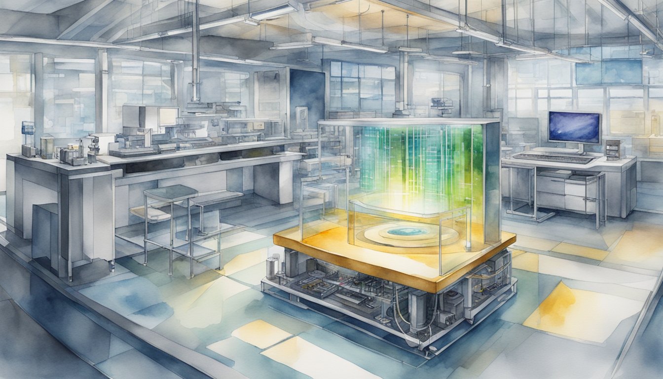 A quantum computer sits in a modern lab, surrounded by advanced technology and scientific equipment.</p><p>Its sleek and futuristic design hints at the cutting-edge innovations it represents