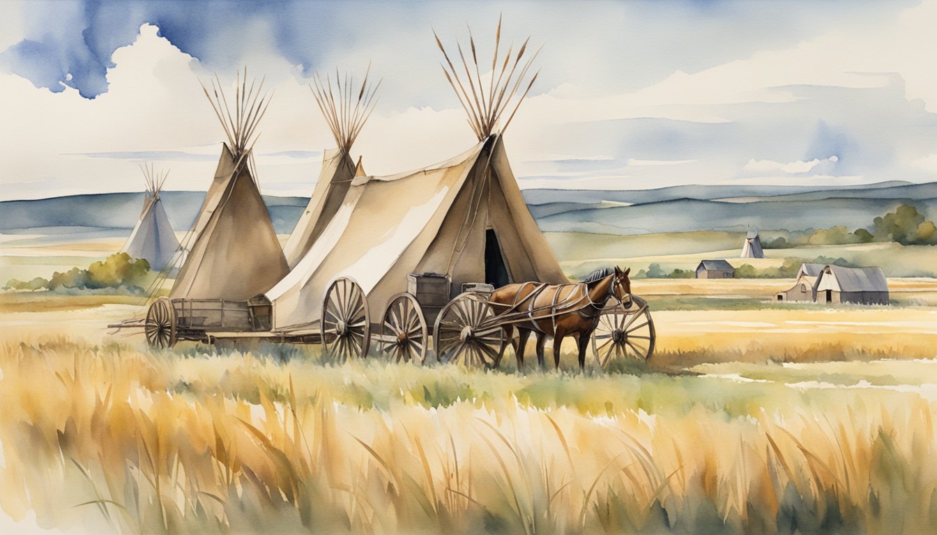 Nebraska's landscape with rolling plains, cornfields, and the Platte River.</p><p>Depict the state's historical significance with a covered wagon and a Native American teepee.</p><p>Include symbols of agriculture and pioneer spirit