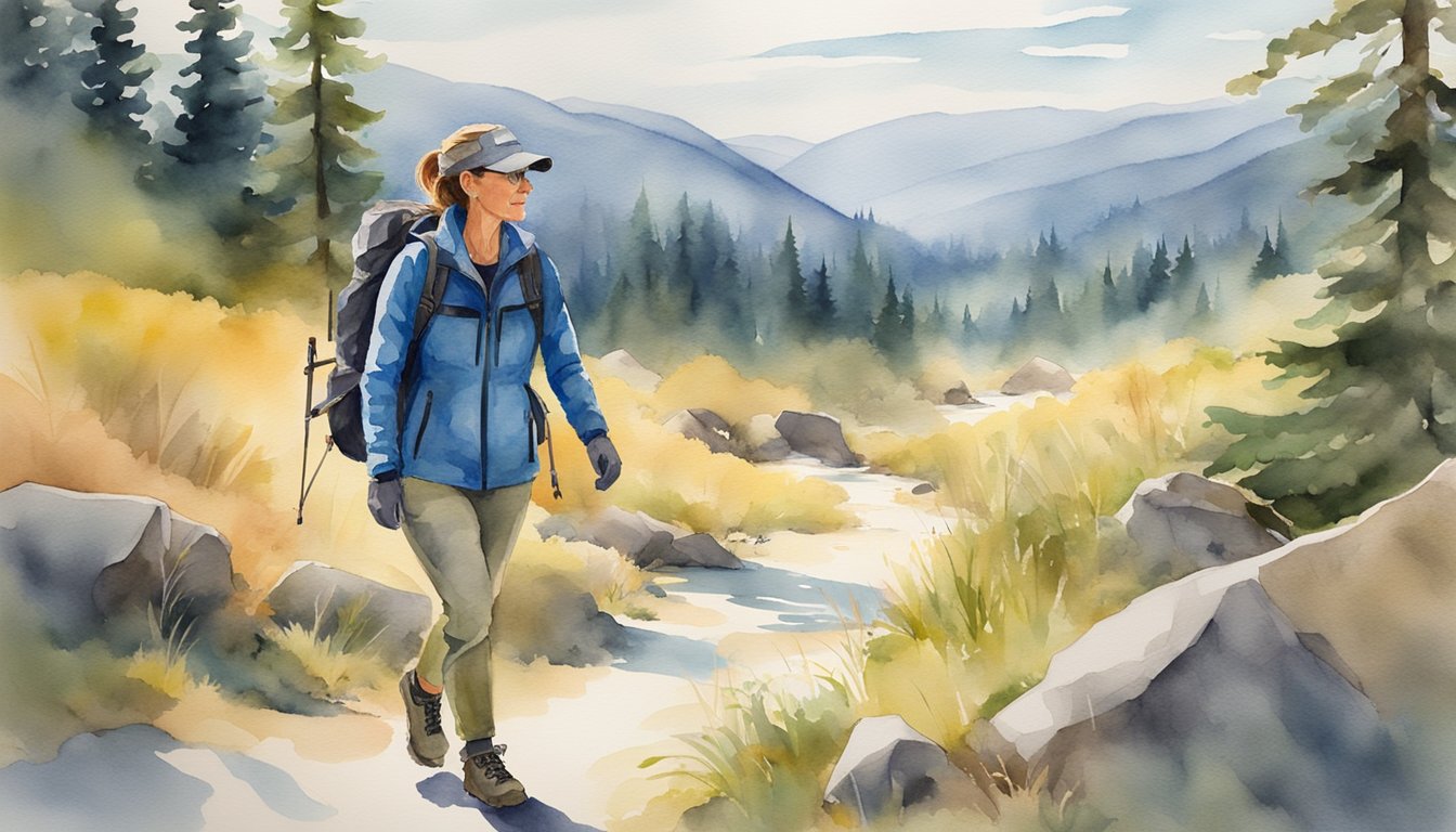 Dr. Michelle Oakley walks confidently in her outdoor gear, surrounded by wildlife and nature