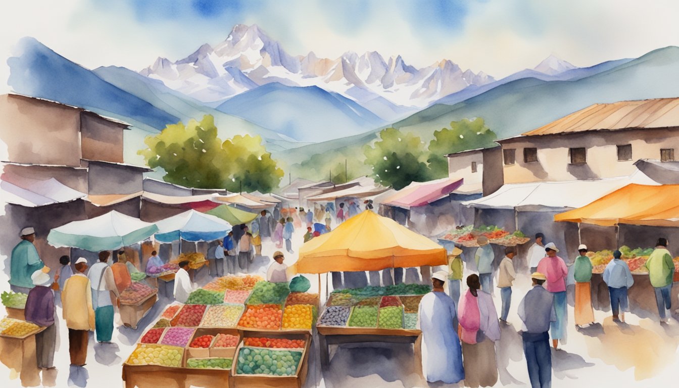 A bustling market filled with colorful textiles, fresh produce, and local crafts, with the majestic Andes mountains towering in the background