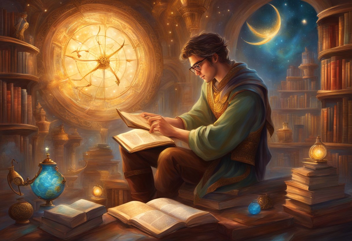 A Sagittarius man engrossed in a stimulating conversation, surrounded by books and maps, with a twinkle in his eye and a sense of adventure in the air