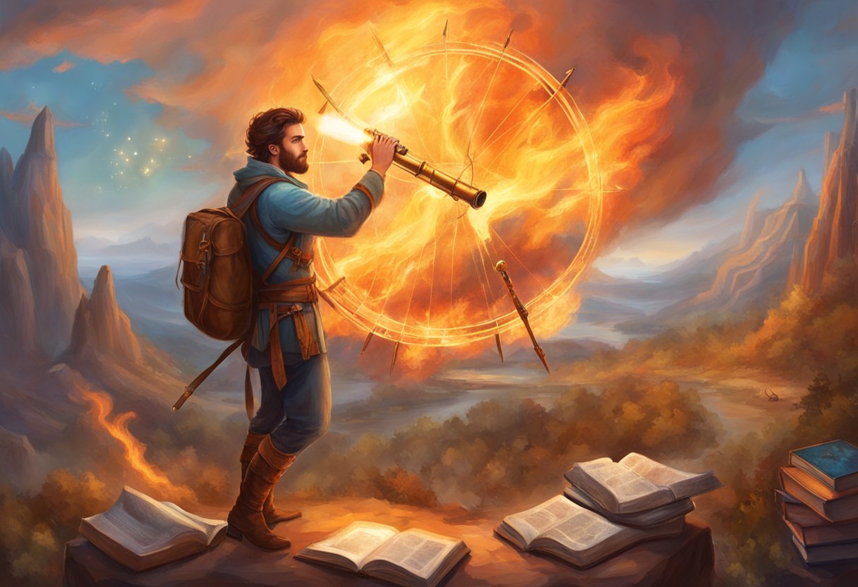 A Sagittarius man surrounded by adventure gear, maps, and books on philosophy and travel. A telescope points towards the sky, while a bonfire burns in the background
