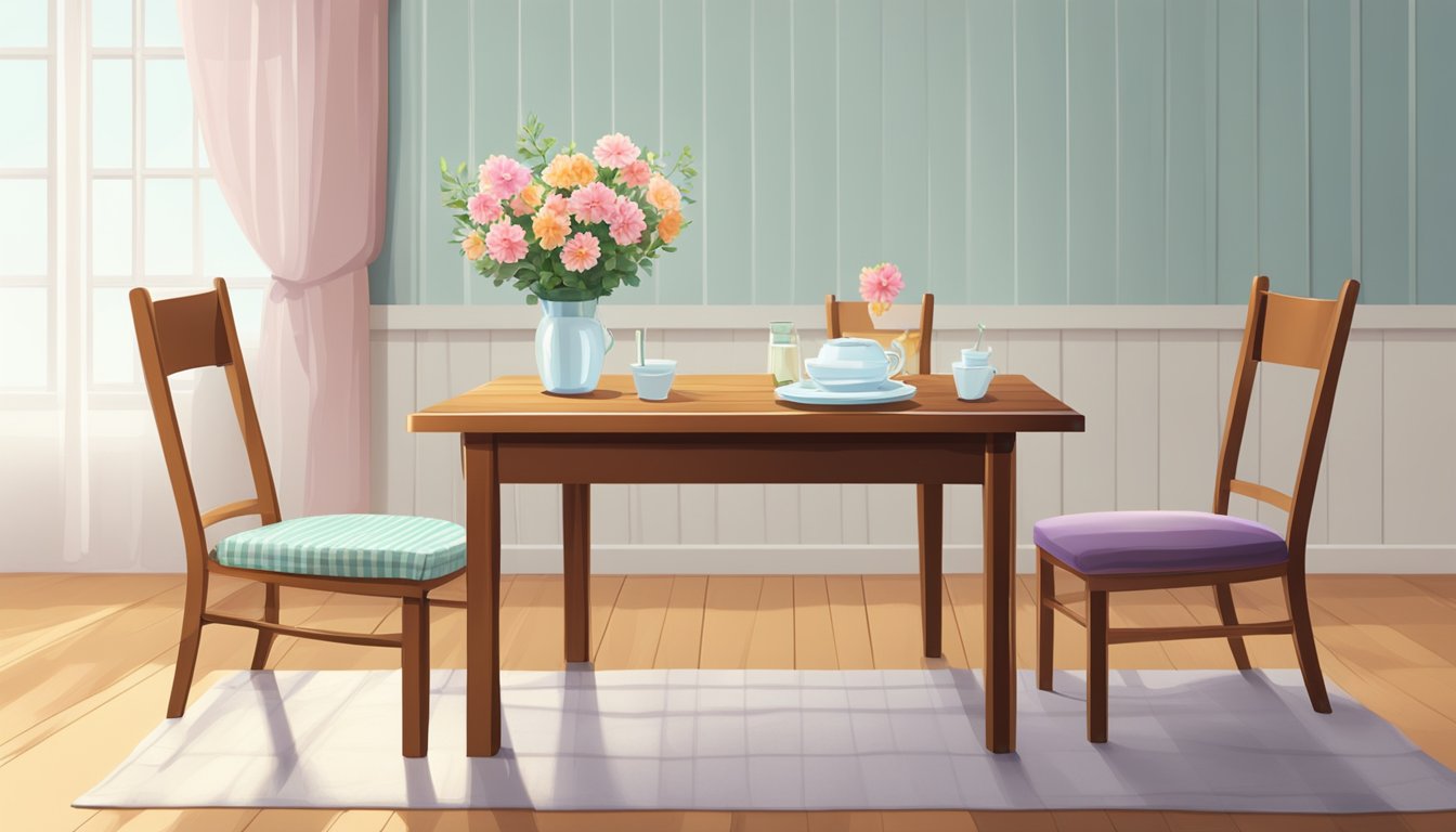 A simple wooden table with two chairs, a single vase with a flower, and a clean white tablecloth