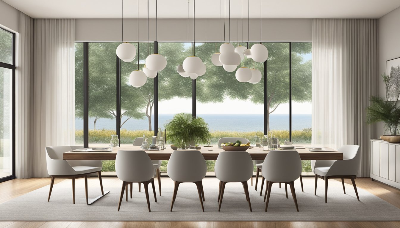 A sleek, rectangular table with clean lines and a smooth, unadorned surface sits in a bright, airy dining room. The table is surrounded by simple, modern chairs, and a single, elegant centerpiece adorns the tabletop