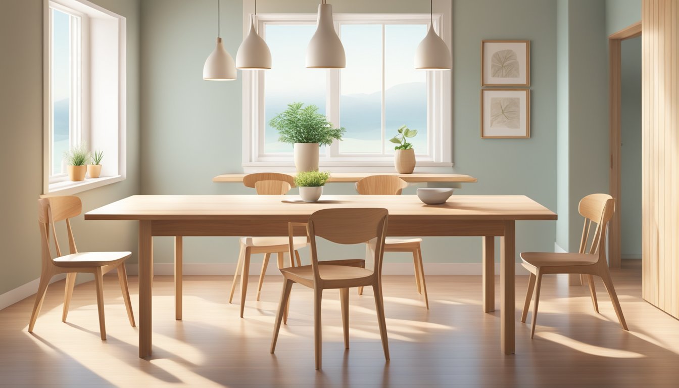 A simple wooden dining table with clean lines and no decorations, set in a bright, airy room with natural light streaming in