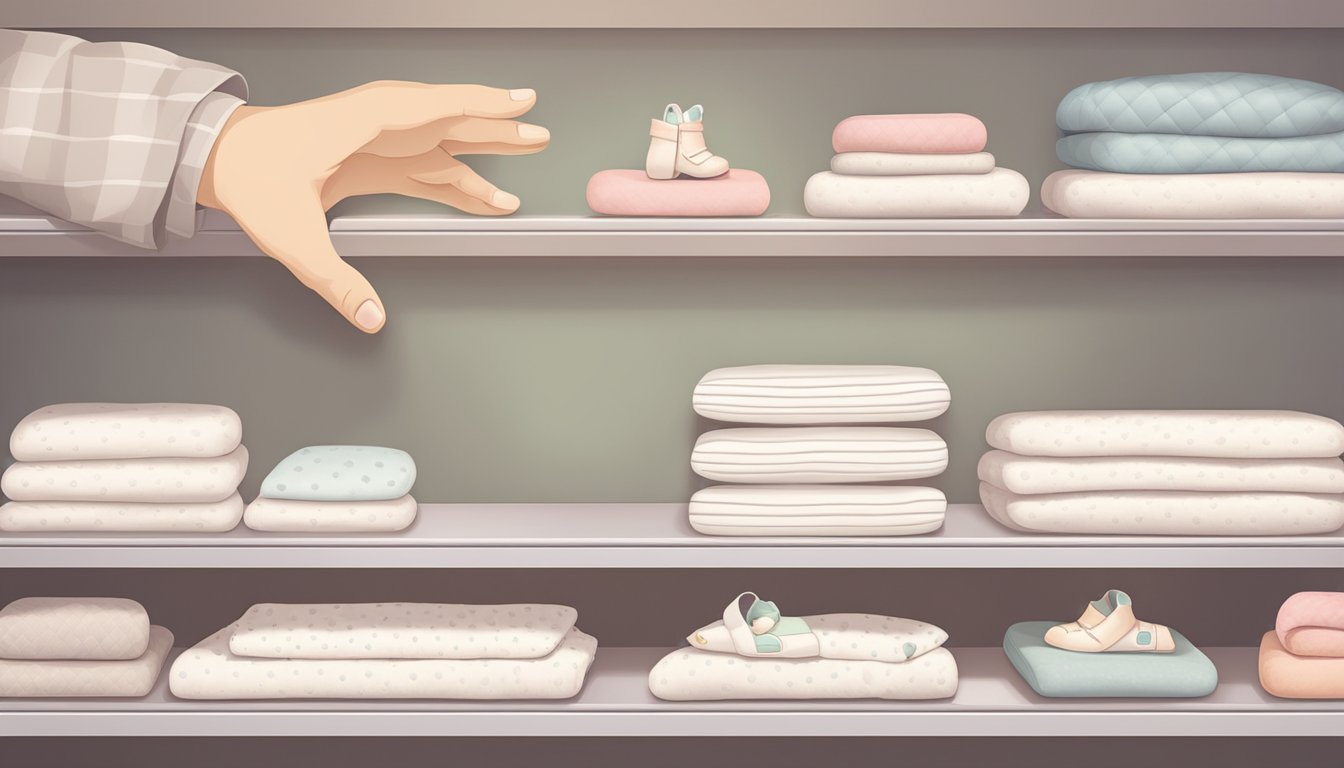 A hand reaches out to purchase a baby mattress from a store shelf