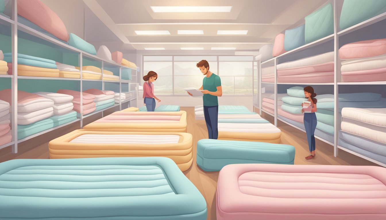 A couple carefully compares different baby mattresses in a store, examining the firmness and softness of each one before making a decision