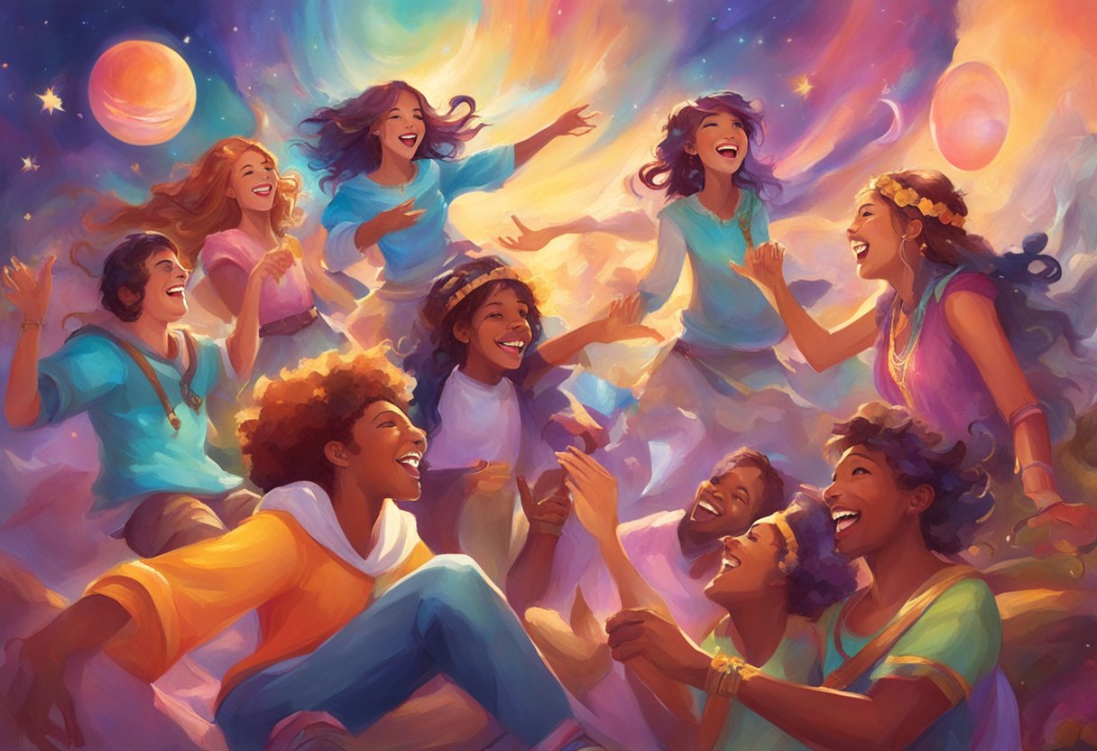 A group of friends laughing and playing games together, surrounded by bright colors and upbeat music