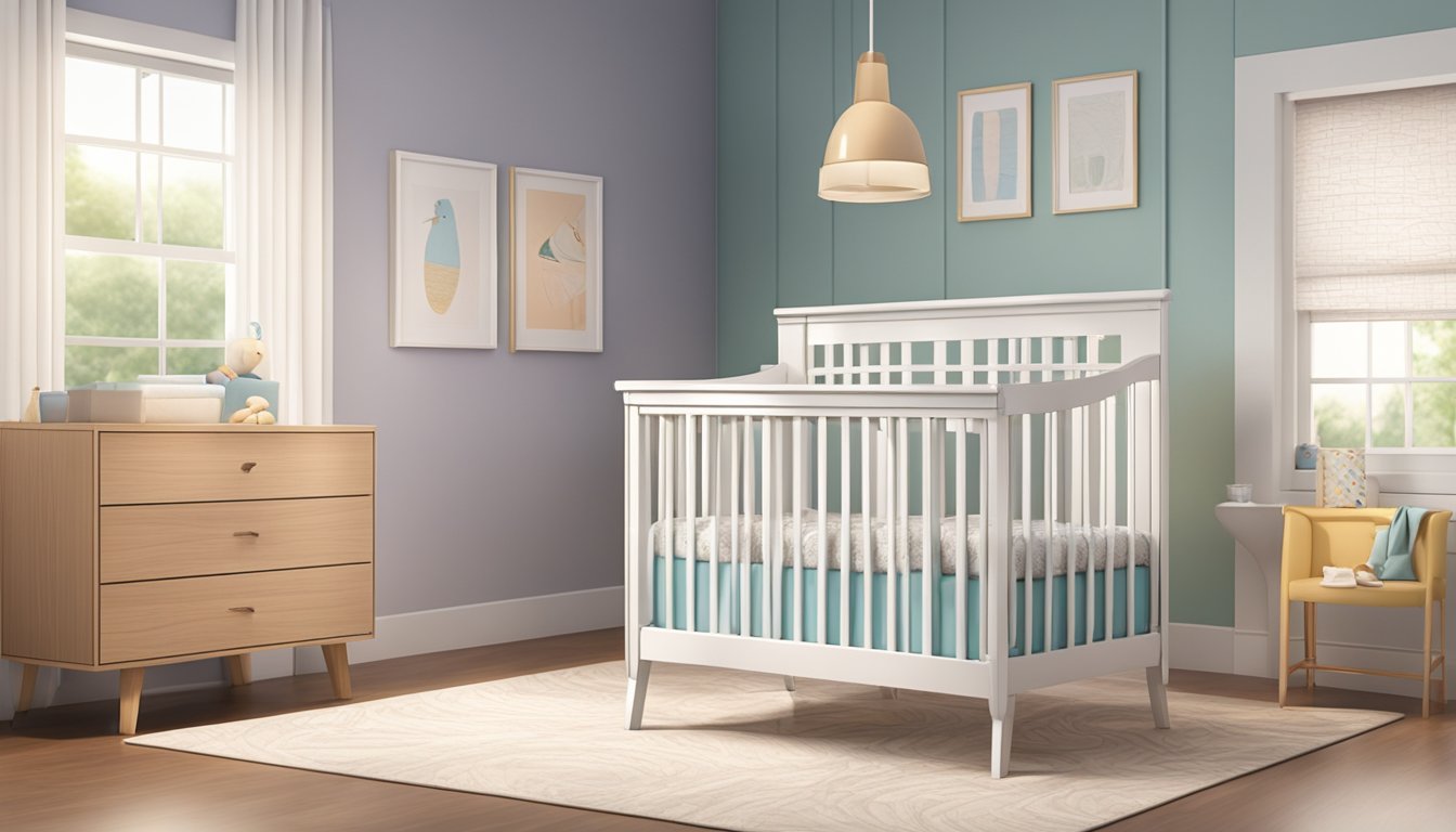 A crib with a firm, breathable mattress, surrounded by a clutter-free, well-ventilated room with soft, soothing colors
