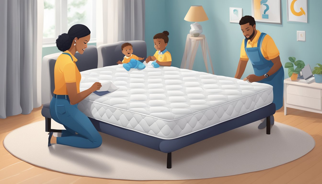 A baby mattress surrounded by question marks and a customer service representative ready to assist
