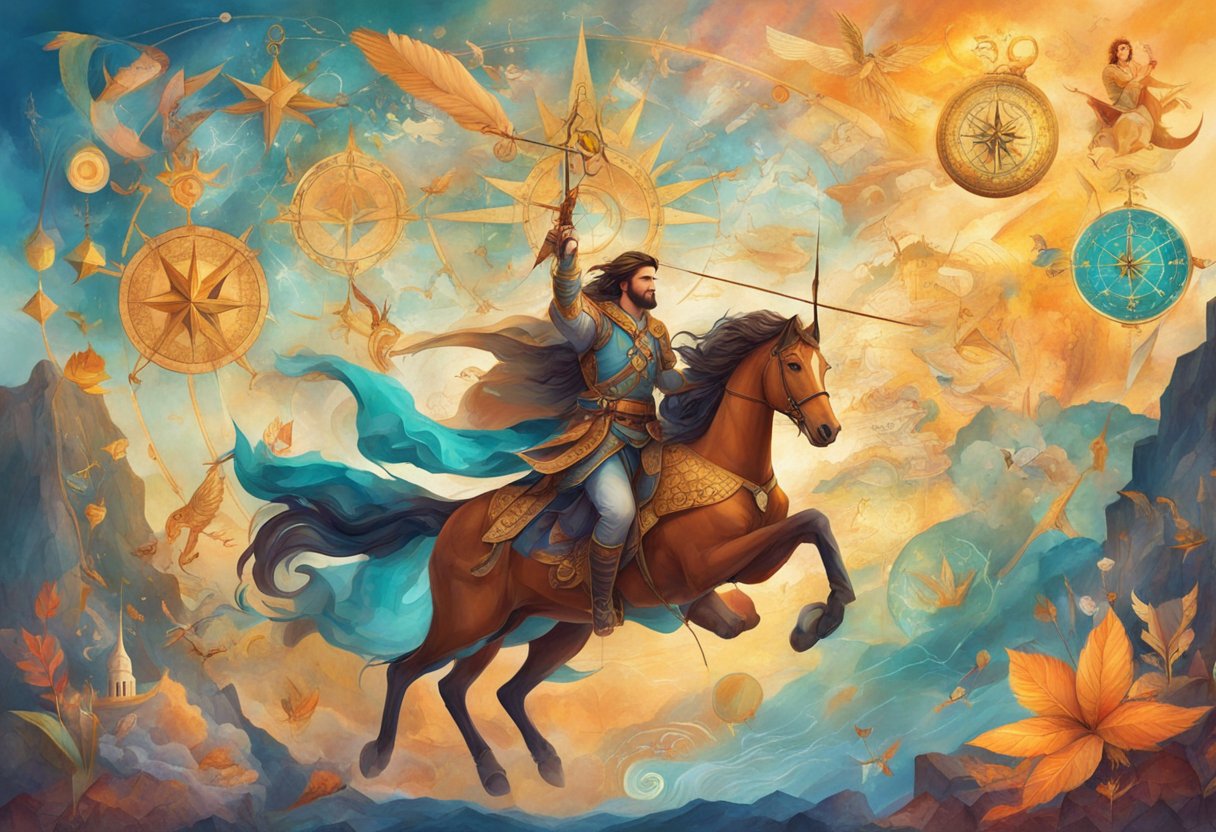 A Sagittarius man surrounded by adventurous symbols, like a map, compass, and travel photos. Bright colors and dynamic shapes convey excitement and spontaneity