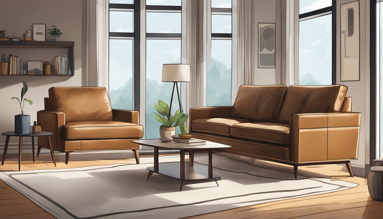 A modern brown leather couch sits in a well-lit living room, with clean lines and minimalistic design