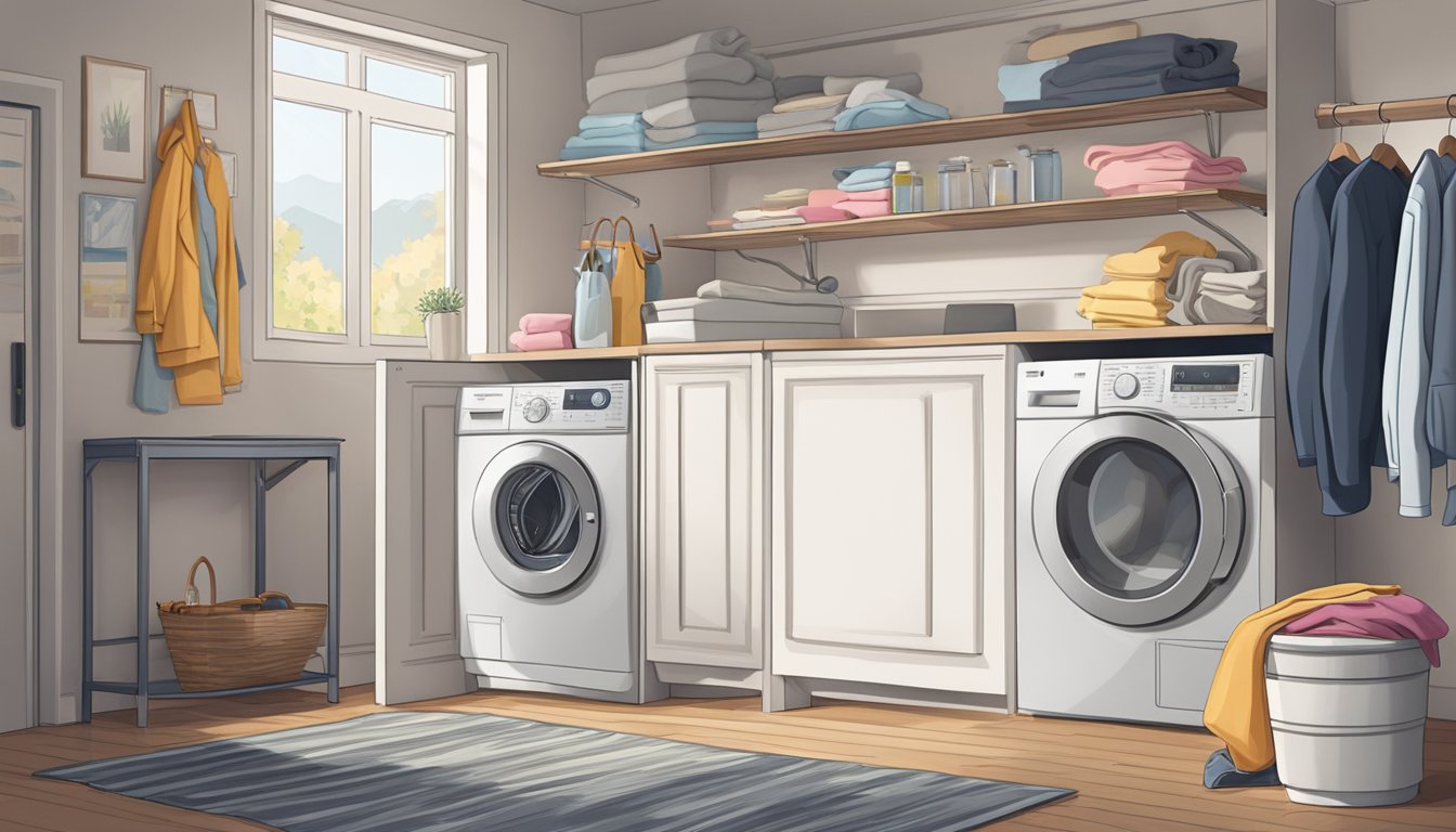 A standard-sized washing machine sits in a laundry room, with a pile of clothes next to it