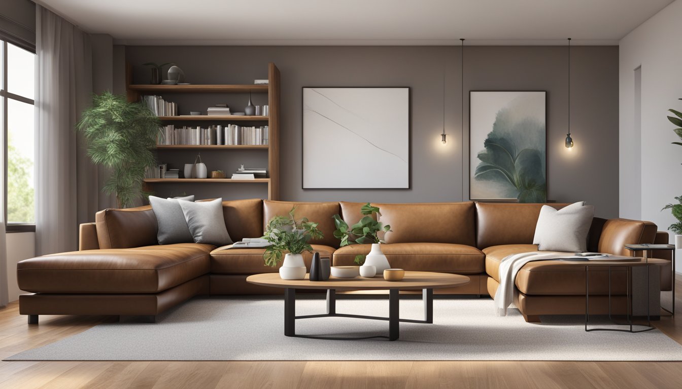 A modern brown leather couch with clean lines and minimalistic design, situated in a spacious and well-lit living room
