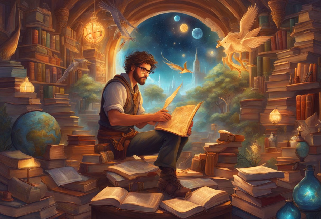 A Sagittarius man surrounded by books, maps, and adventure gear, eagerly engaging in lively conversation with a group of diverse individuals