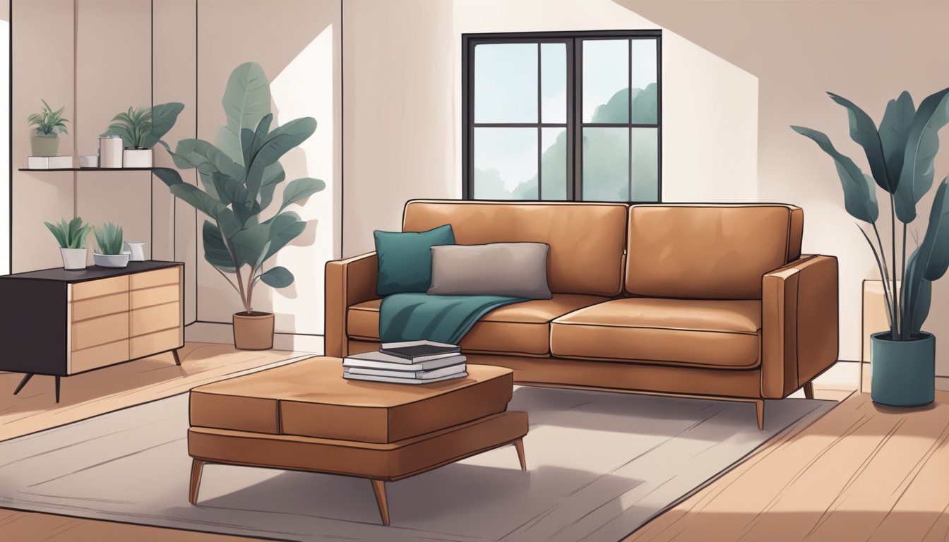 A person unboxes and places a modern brown leather couch in a living room, followed by a demonstration of how to care for the couch