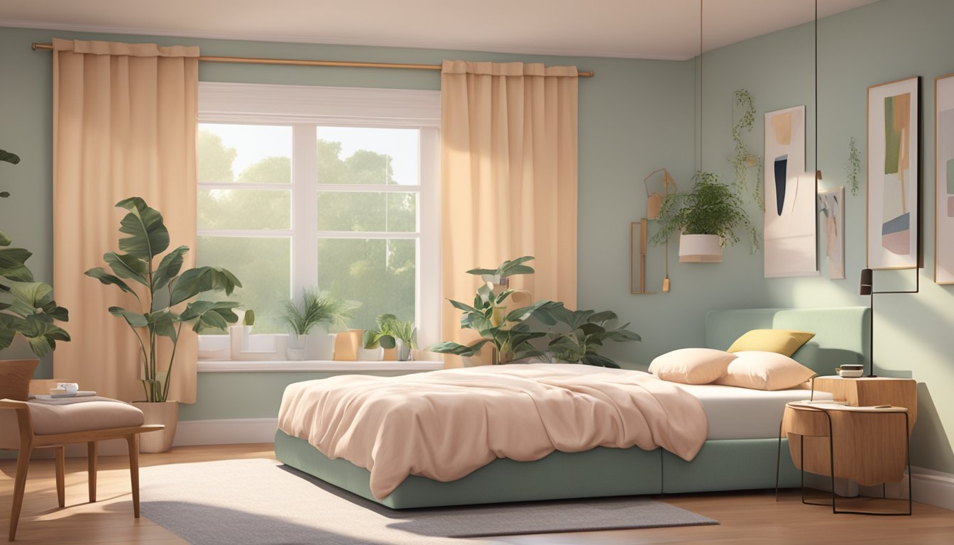 A super single mattress sits in a cozy bedroom, surrounded by soft, pastel-colored bedding. The room is bathed in warm, natural light, creating a peaceful and inviting atmosphere