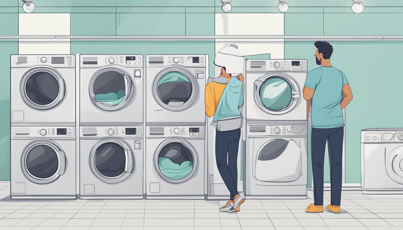 A person standing in front of various washing machine options, comparing sizes and features