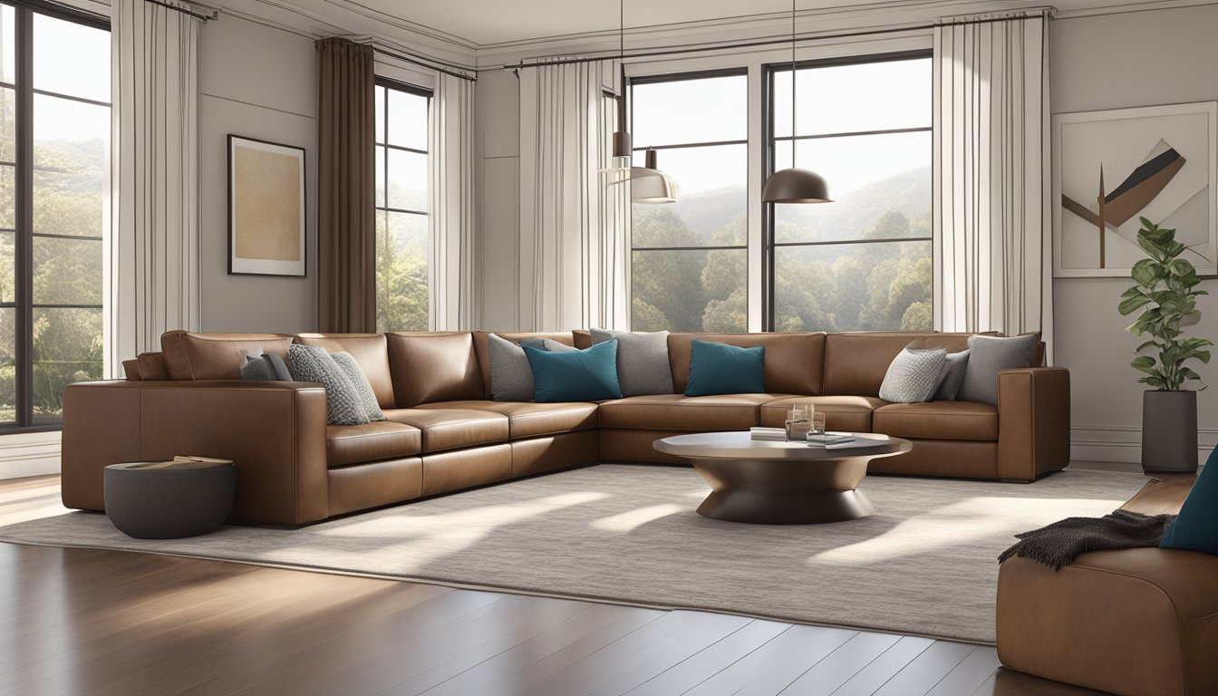 A modern brown leather couch sits in a well-lit room, surrounded by a few throw pillows. The couch is sleek and comfortable, with clean lines and minimalistic design