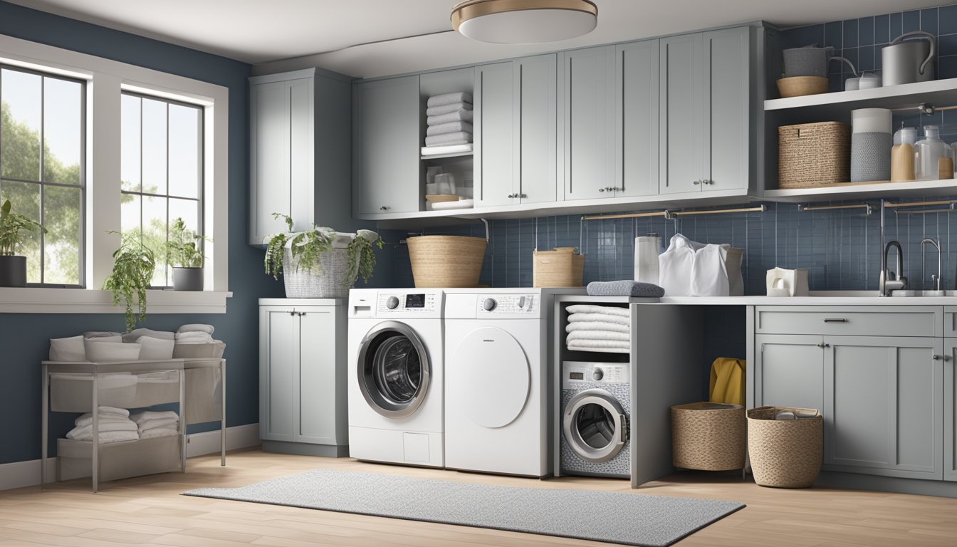 A standard washing machine sits in a laundry room, surrounded by other appliances and laundry supplies. The machine is of average size, with a front-loading door and control panel