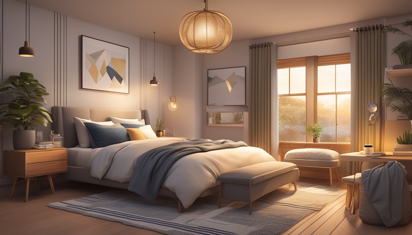 A cozy bedroom with a spacious super single mattress, adorned with soft pillows and a plush comforter. A warm, inviting ambiance with dim lighting and soothing decor