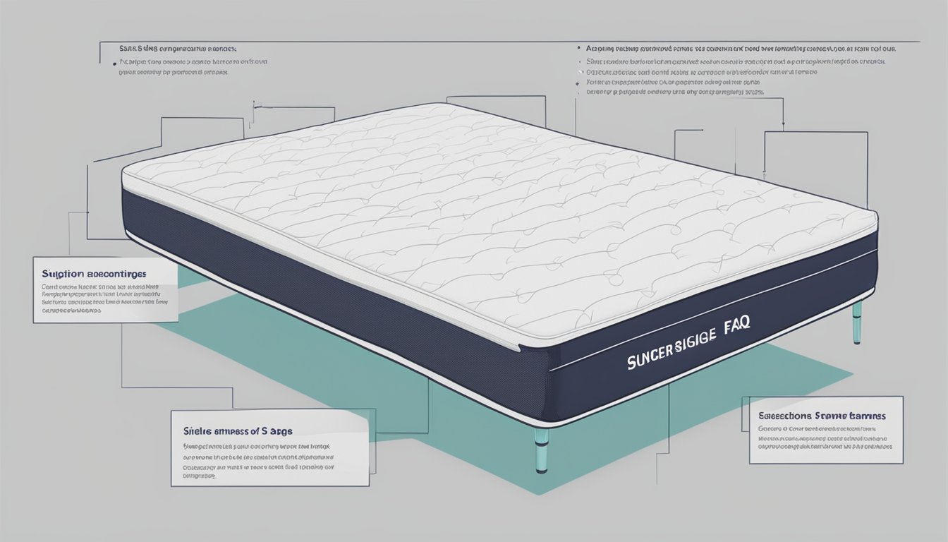 A super single mattress in Singapore, with dimensions labeled, surrounded by question marks and a FAQ sign