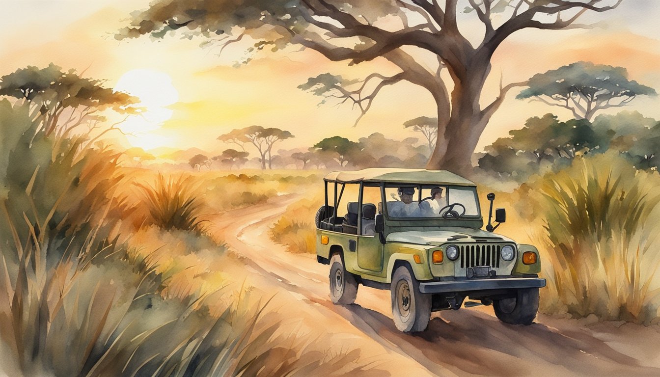 A safari jeep drives through the African savanna, surrounded by lush vegetation and wildlife.</p><p>The sun sets in the distance, casting a warm glow over the landscape