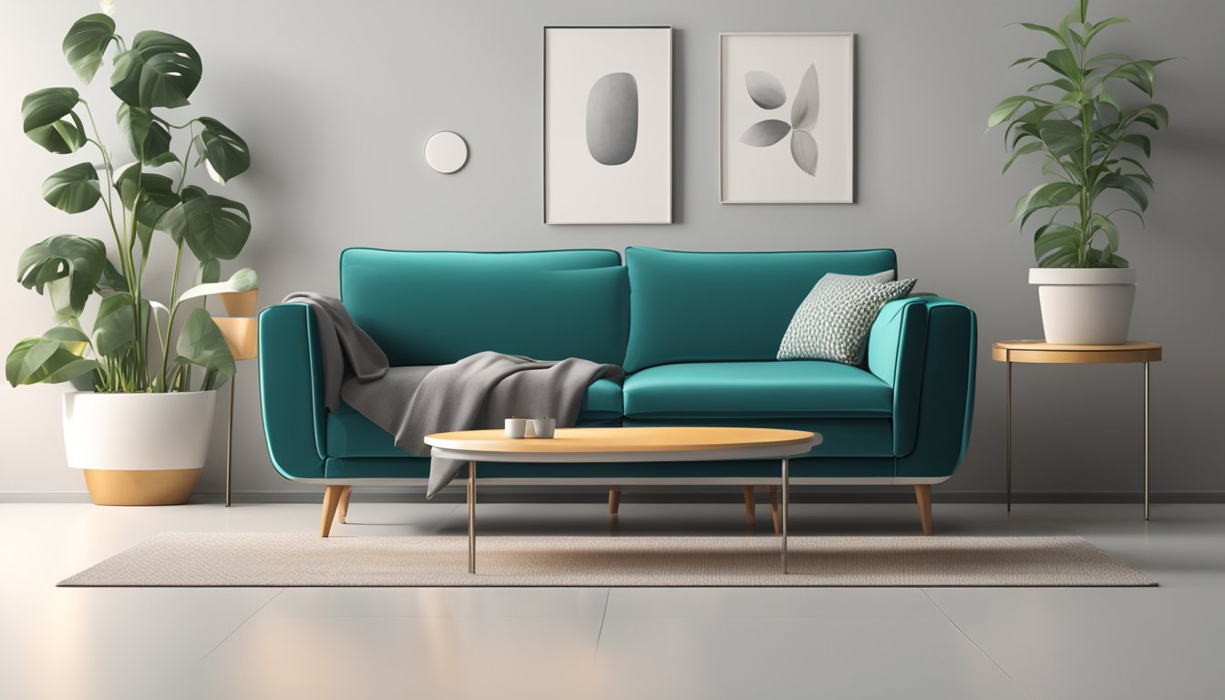 A cheap modern sofa sits in a sparsely decorated living room, with clean lines and simple design