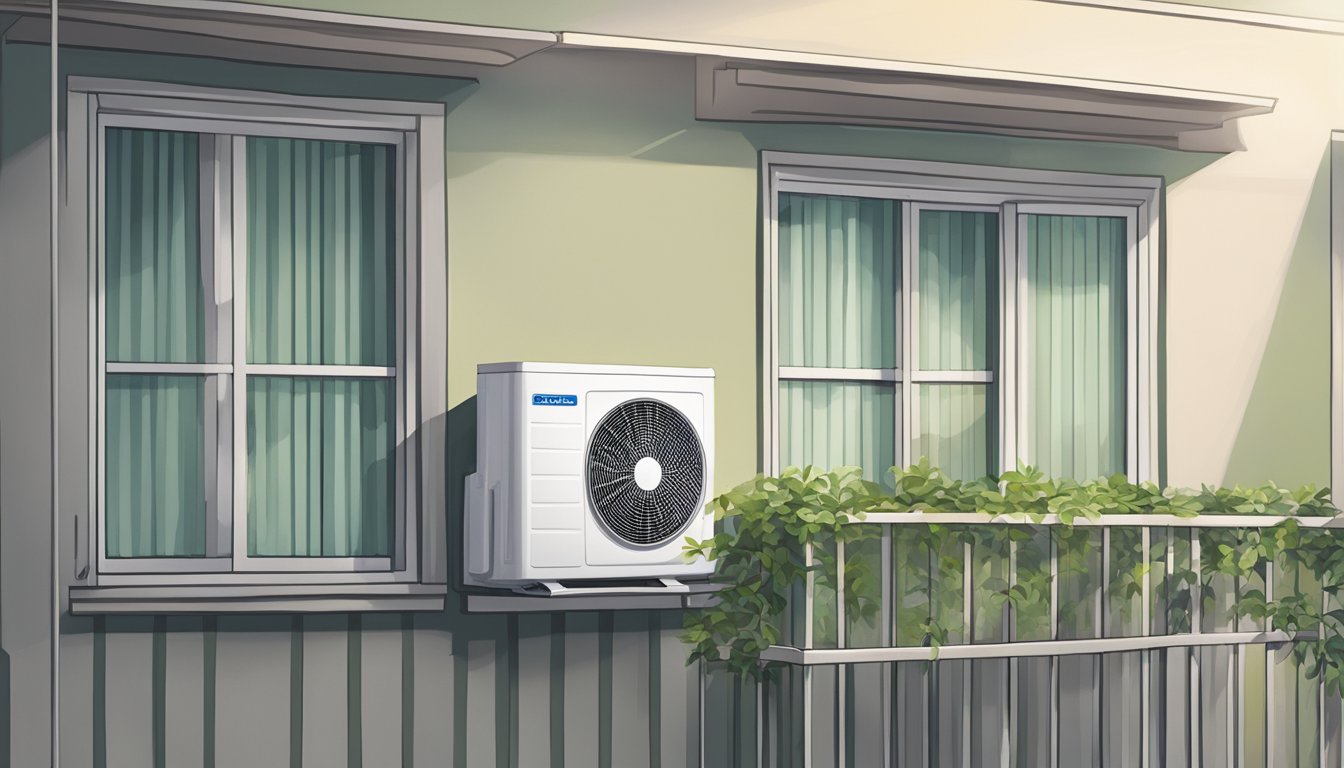 A single unit air conditioner mounted on a window in a Singaporean apartment