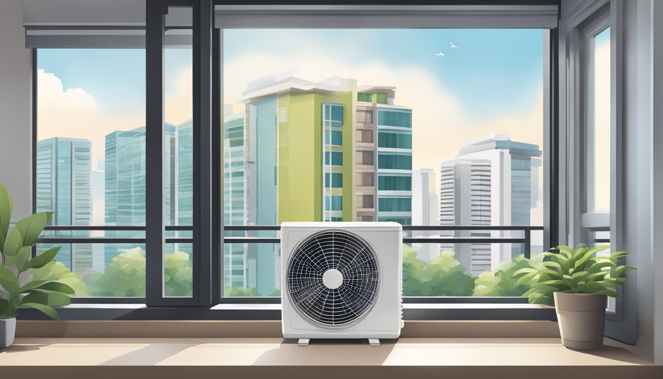 A single unit aircon sits on a window sill in a Singaporean apartment, with its vents open and cool air flowing out