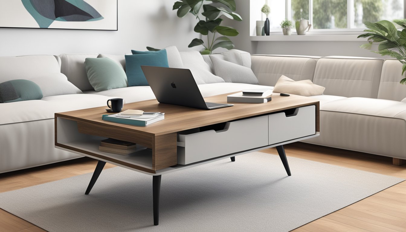 A sleek, modern coffee table desk with clean lines and a built-in storage compartment. The surface is spacious and minimalist, perfect for working or enjoying a cup of coffee