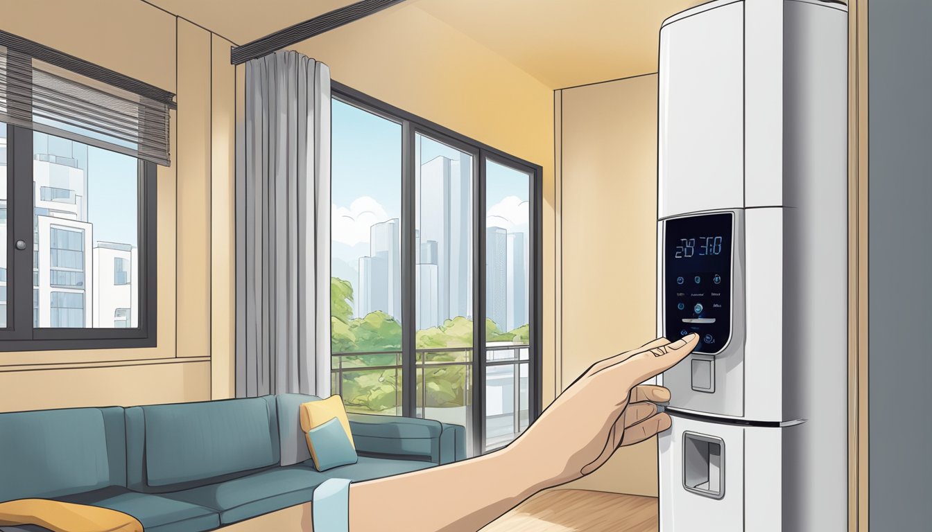 A hand reaching to adjust the thermostat on a sleek, modern single unit aircon in a sunny Singapore apartment