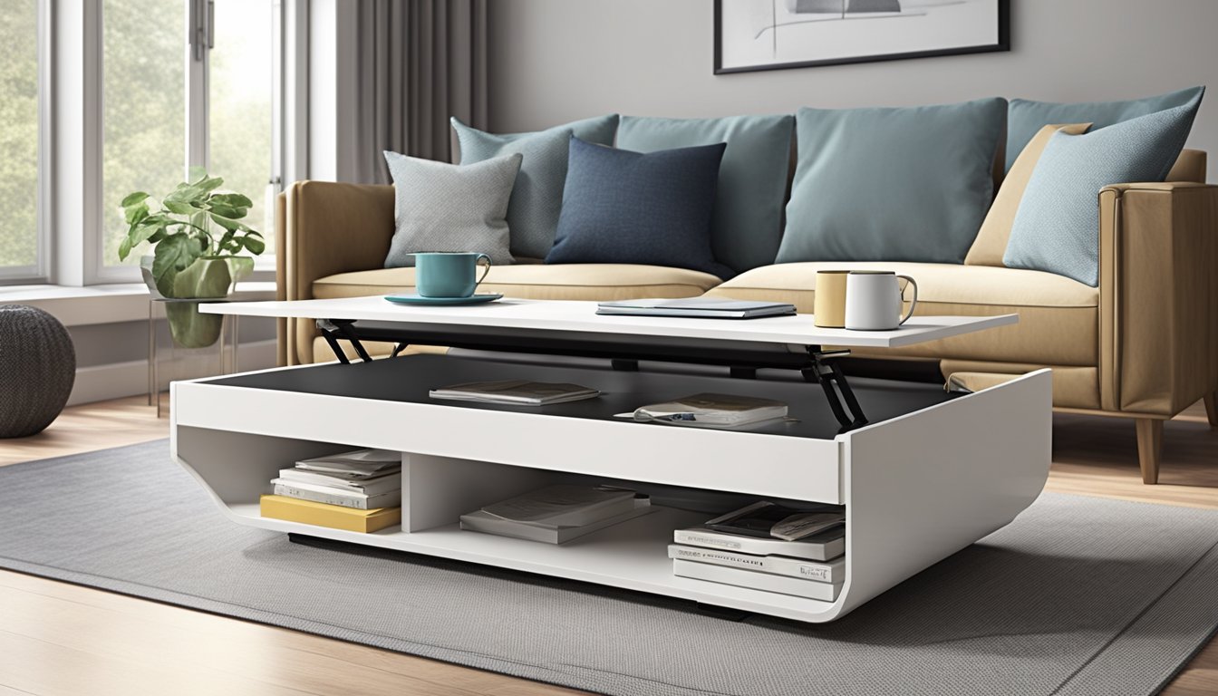 A sleek, modern coffee table desk with adjustable height and hidden storage compartments, perfect for a contemporary living room or home office setting