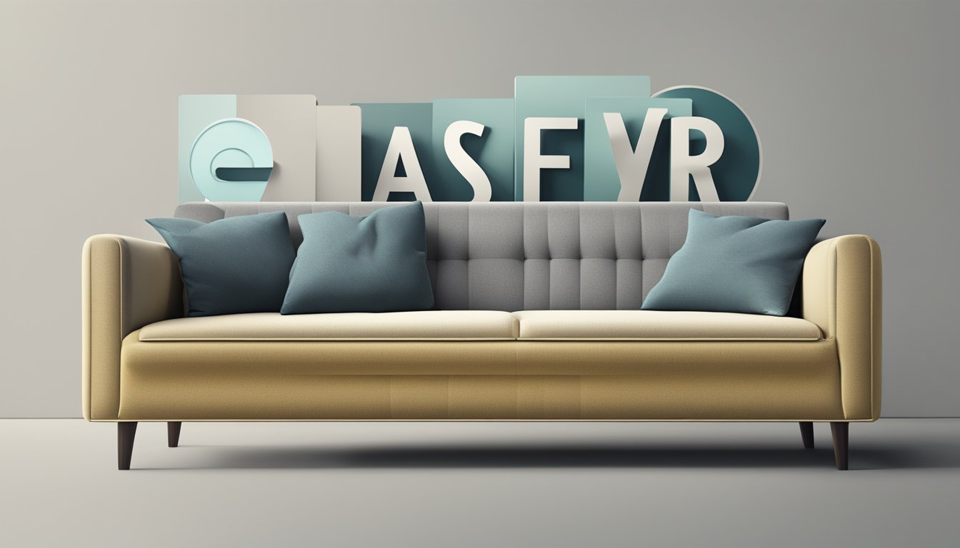 A modern sofa with a "Frequently Asked Questions" sign displayed prominently next to it